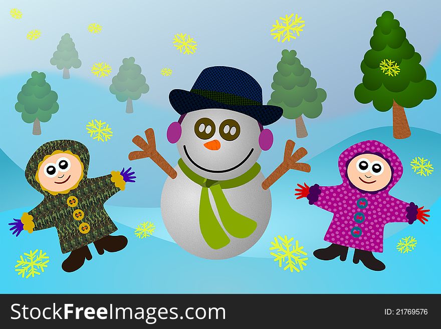 A cute cartoon snowman accompanied by kids with trees and snow background. A cute cartoon snowman accompanied by kids with trees and snow background