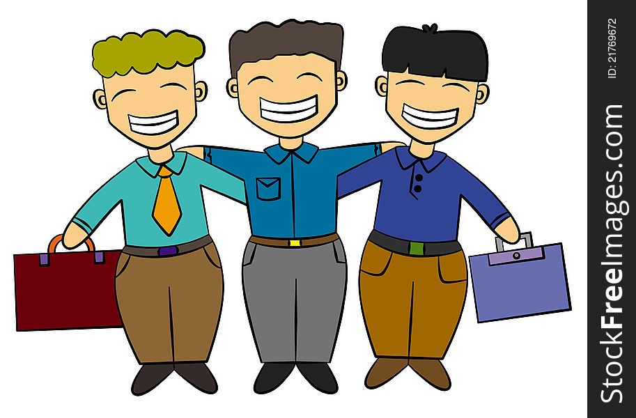 Three cartoon business men smiling with their arms on each others shoulders. Three cartoon business men smiling with their arms on each others shoulders