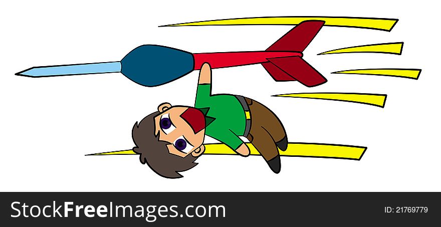 Funny illustration of a cartoon man holding on a flying giant dart