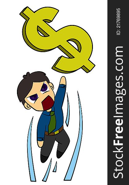 A funny cartoon business man jumping and about to grab a dollar sign. A funny cartoon business man jumping and about to grab a dollar sign