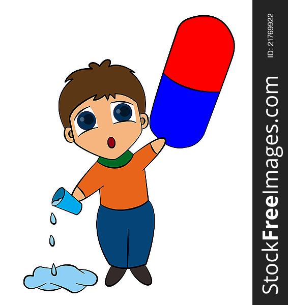 A funny looking cartoon man stunned by a giant medicine pill. A funny looking cartoon man stunned by a giant medicine pill