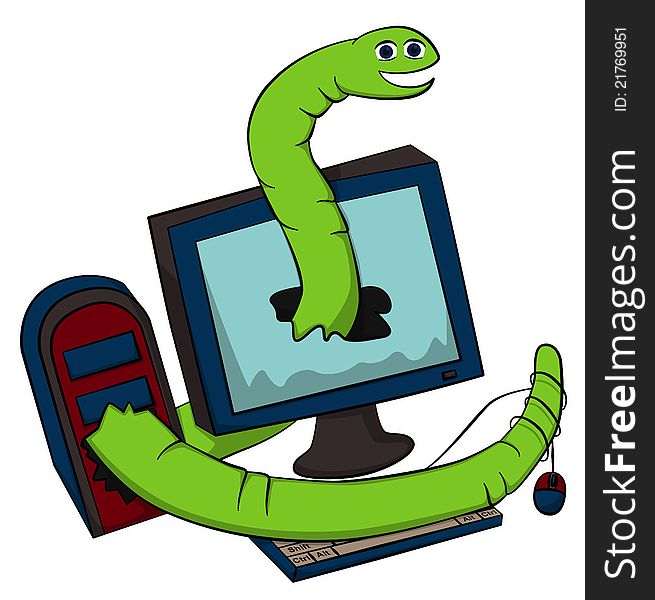Cartoon illustration of a computer being destroyed by a giant worm. Cartoon illustration of a computer being destroyed by a giant worm