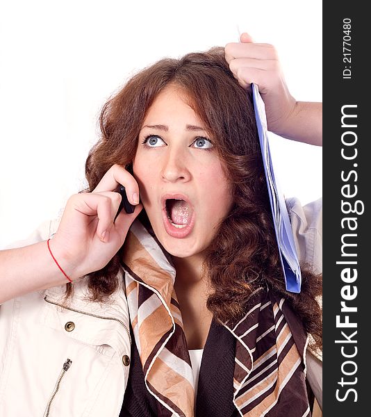 Horrified business woman in blue dress over white