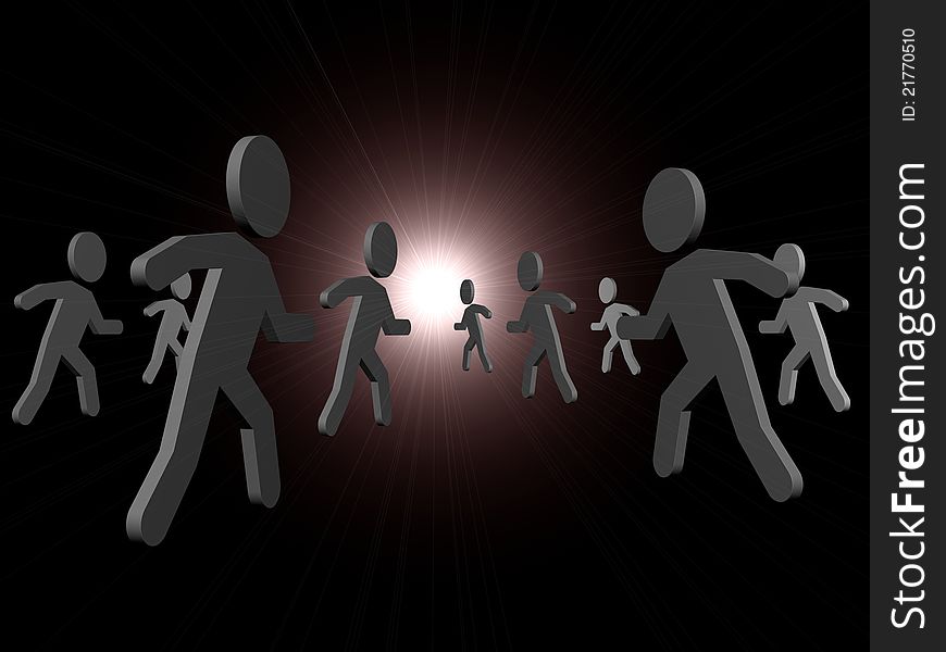 Group of man icons running towards the light