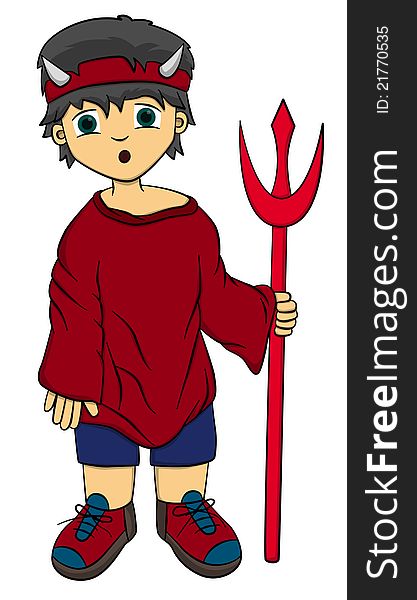Cute cartoon boy wearing a headband with horn, dressed in red, and holding a trident. Cute cartoon boy wearing a headband with horn, dressed in red, and holding a trident