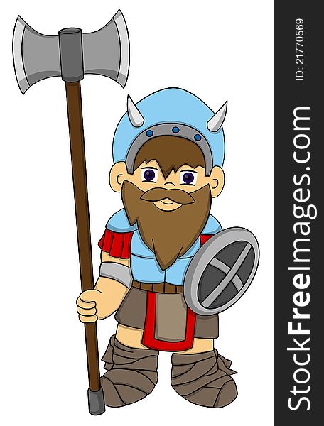 Illustration of a cute cartoon dwarf with an axe and a shield