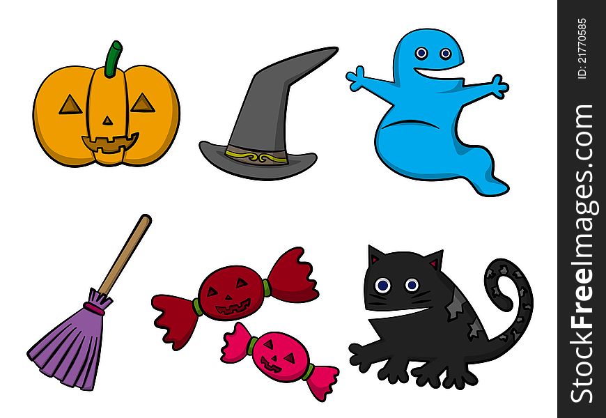 A set of cute cartoon Halloween objects and characters