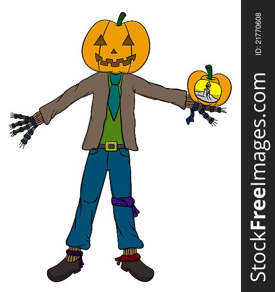 A cute cartoon straw man with a pumpkin as a head. A cute cartoon straw man with a pumpkin as a head