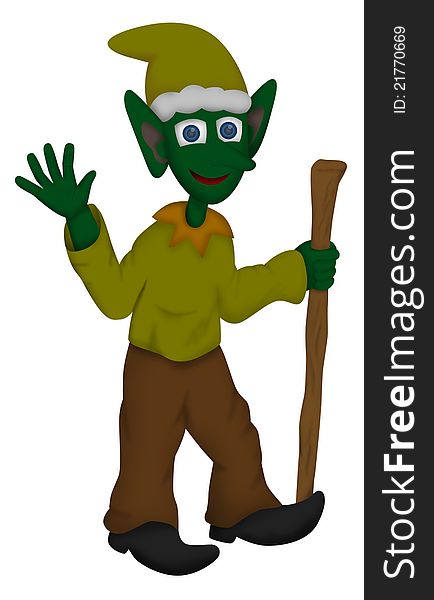 A cute cartoon illustration of a smiling green goblin