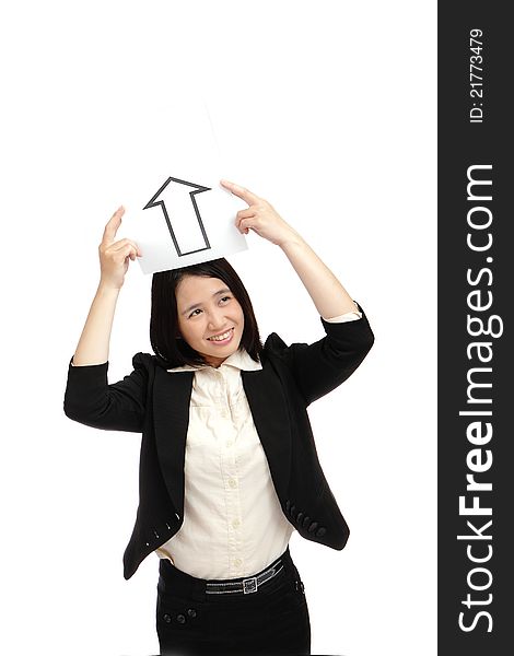 Business woman (asian) holding a up arrow