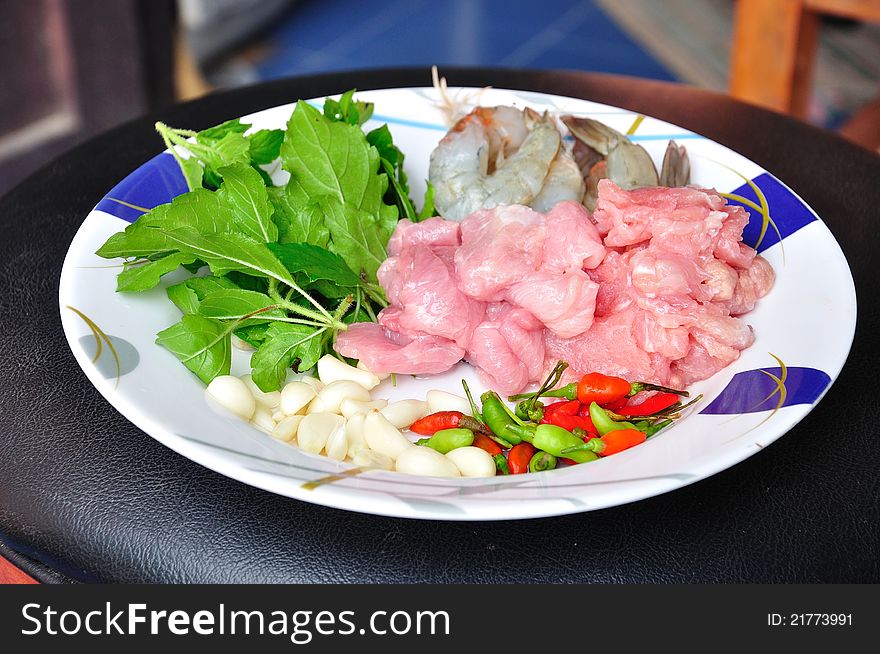 Ingredient for stir fried hot&spicy pork, chicken and shrimp with basil, Thailand