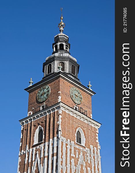 Town hall tower with clock in Cracow, Poland. Town hall tower with clock in Cracow, Poland