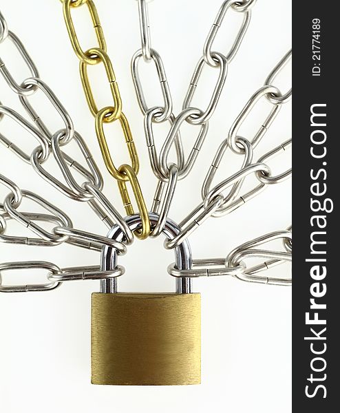 Padlock with chain on white background. Padlock with chain on white background