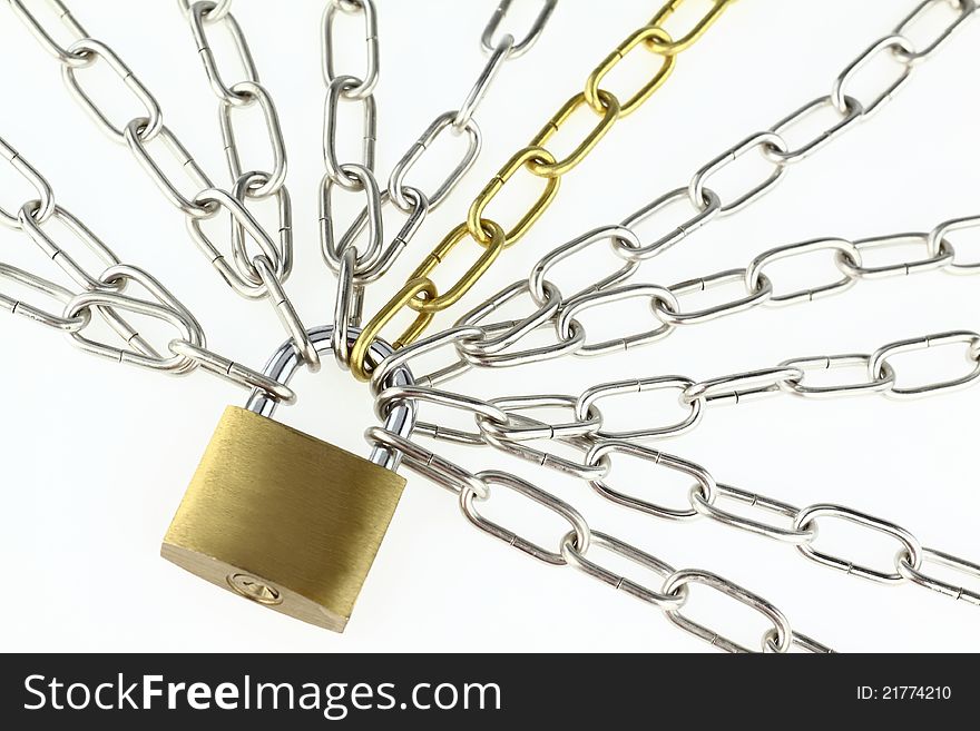 Padlock with chain on white background. Padlock with chain on white background