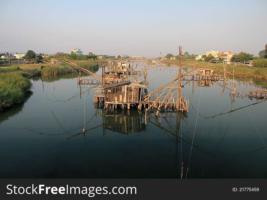 Traditional fishing houses in Ulcinj, Montenegro.