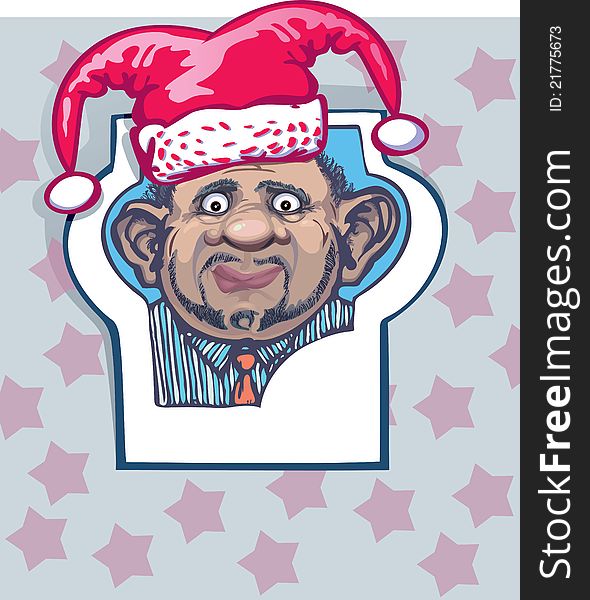 Portrait of a man in a hat jester. Christmas joke. Human ears do not fit the format of ID photos