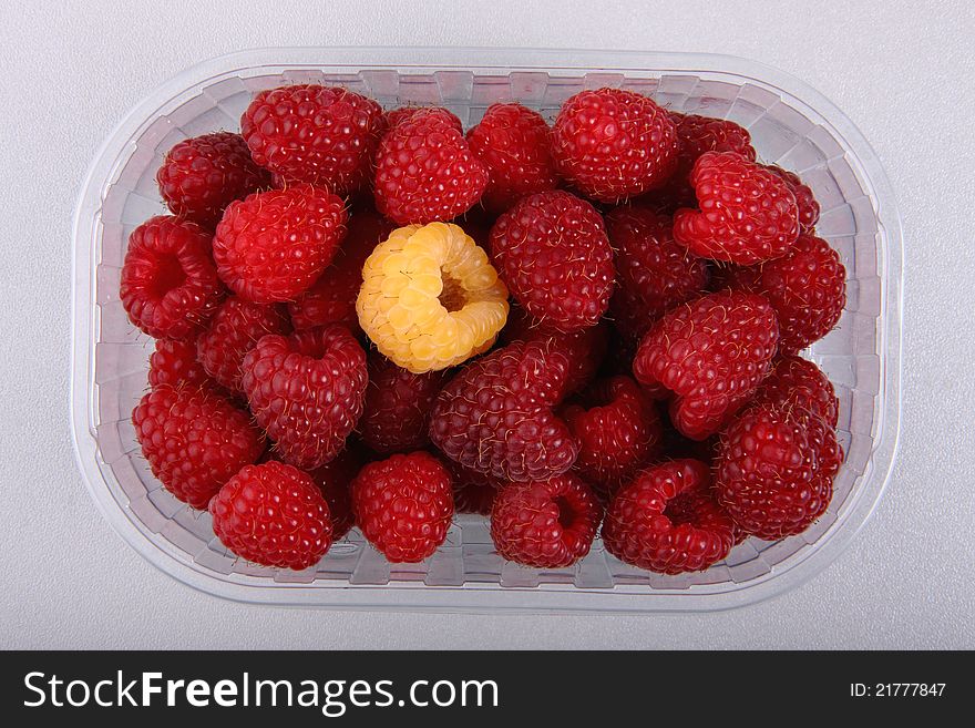 Red raspberries but one different, shooted in photo studio
