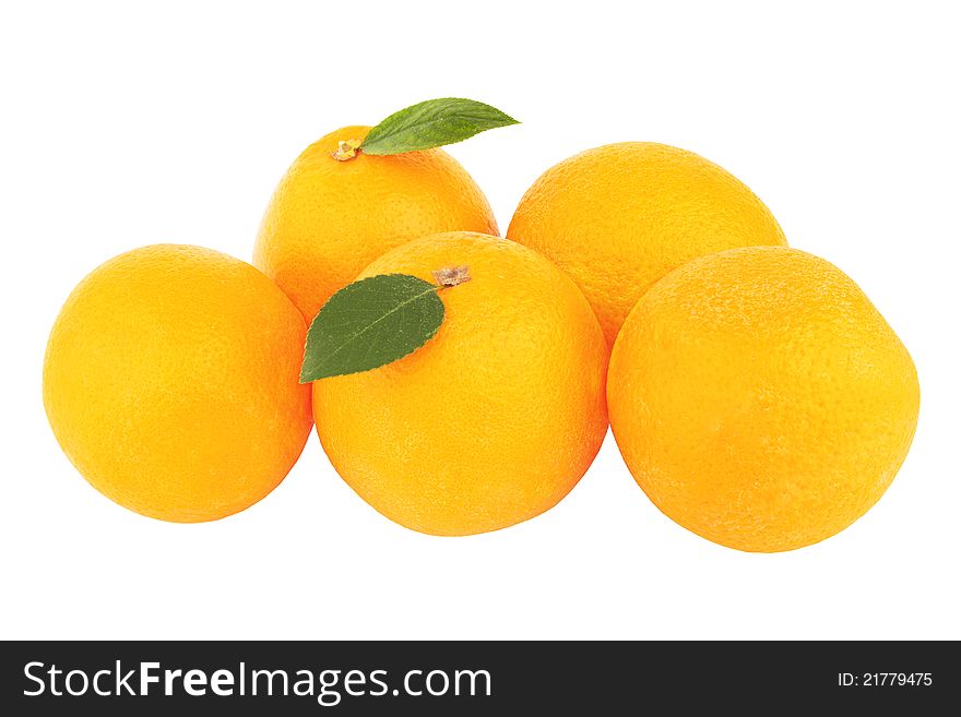 Ripe oranges with leaf isolated on white