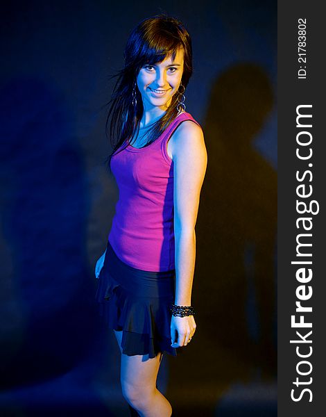 Beautiful girl at disco on black background. Beautiful girl at disco on black background.