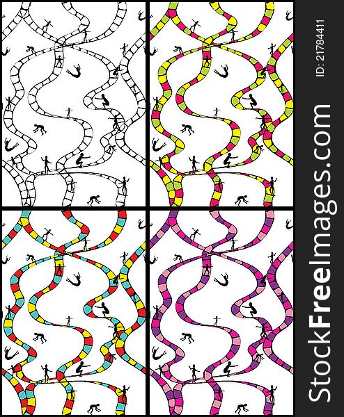 Four abstract seamless patterns with ribbons and figures. Four abstract seamless patterns with ribbons and figures