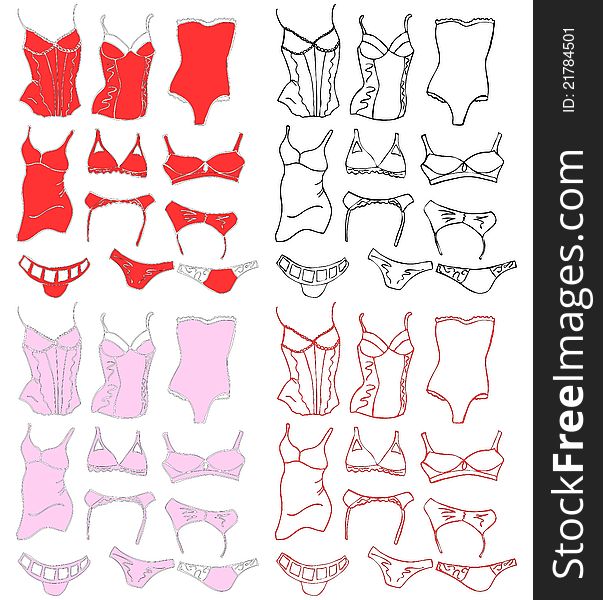 Sets of woman underwear in doodle style