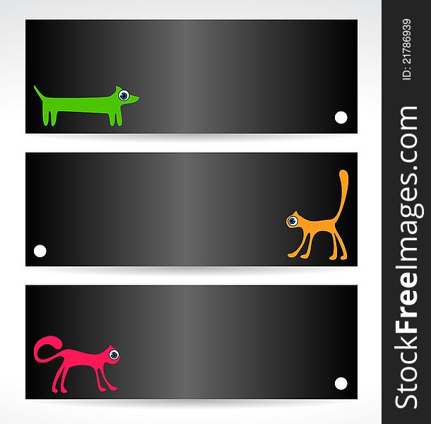 Set of black cards with cats and dog. Set of black cards with cats and dog