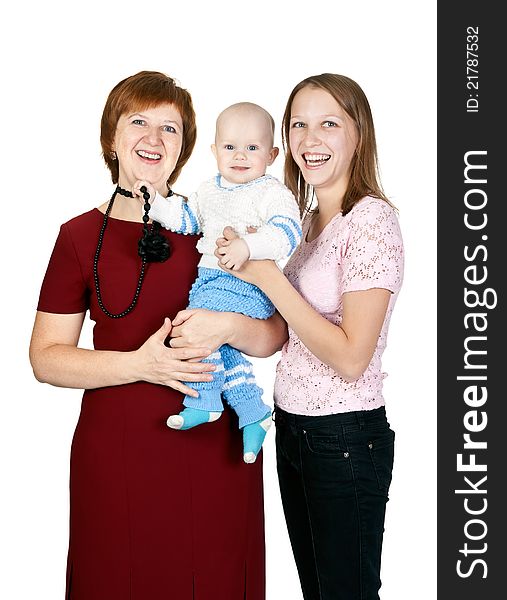 Mother and grandmother with her grandson in the studio isolated on white background