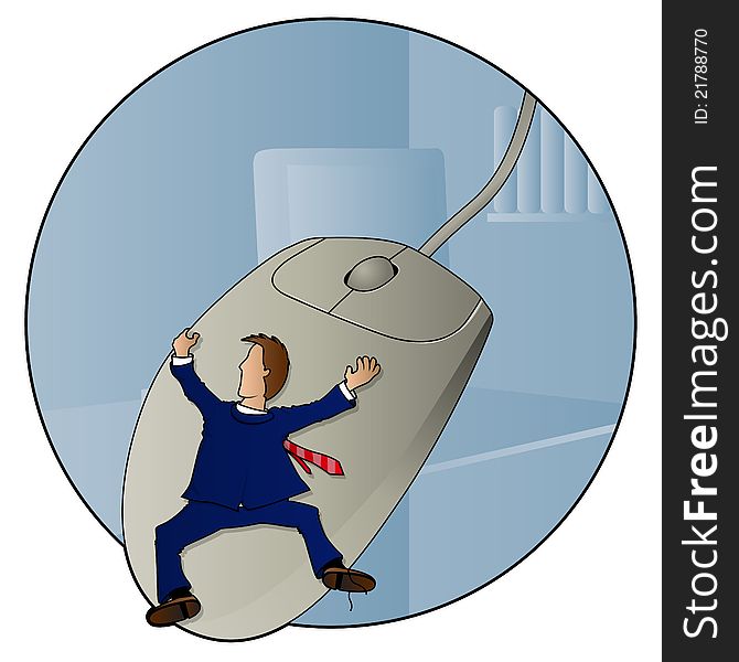 Businessman in a suit hangs on to a giant computer mouse. Businessman in a suit hangs on to a giant computer mouse