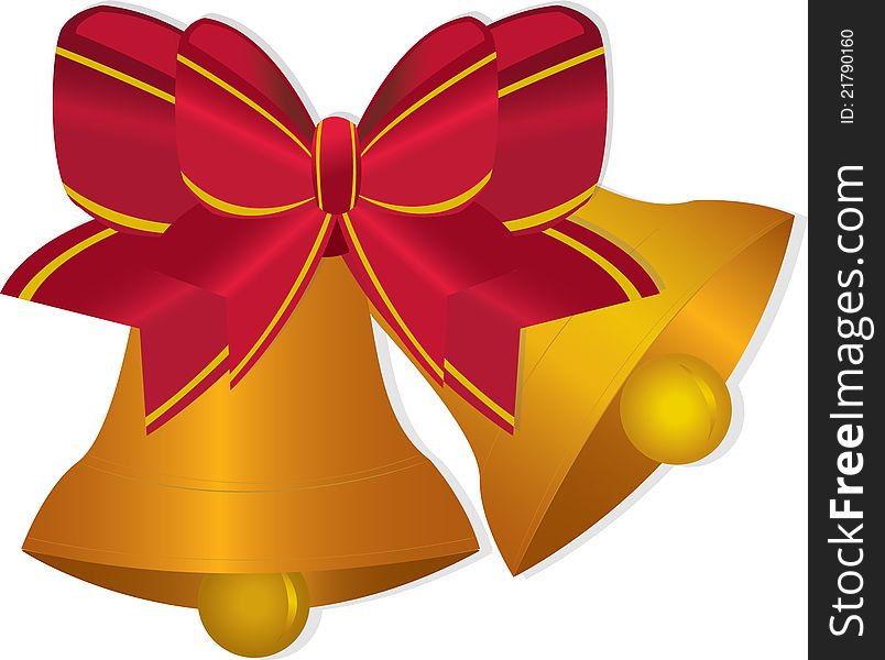 Golden Christmas bells with red ribbon