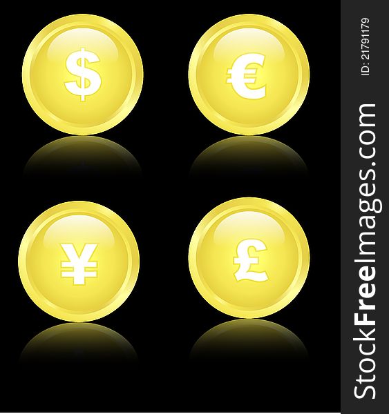 Set of 4 golden icons with currency signs. Set of 4 golden icons with currency signs