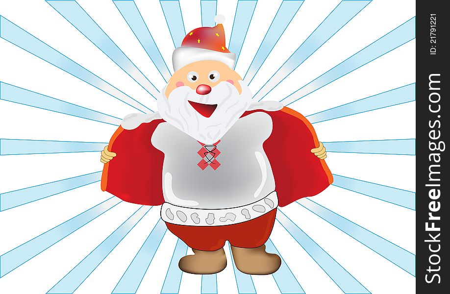 Humorous illustration of Santa Claus, who opened his coat unbuttoned
