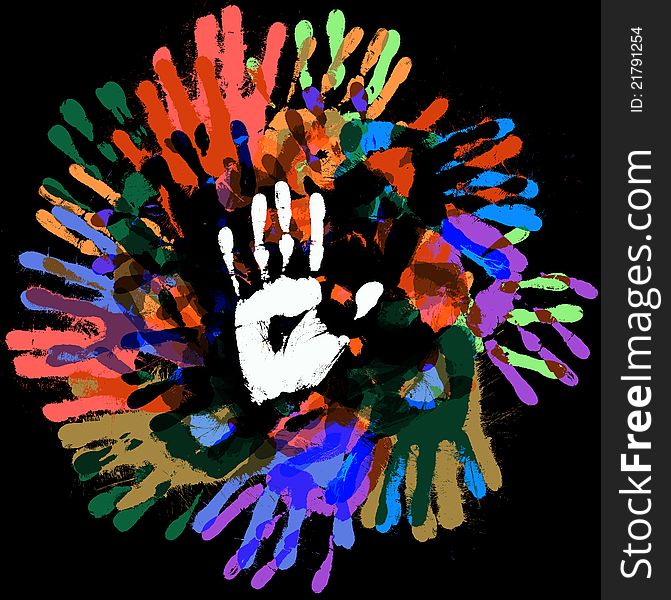 Multi-colored handprints, on a black background
