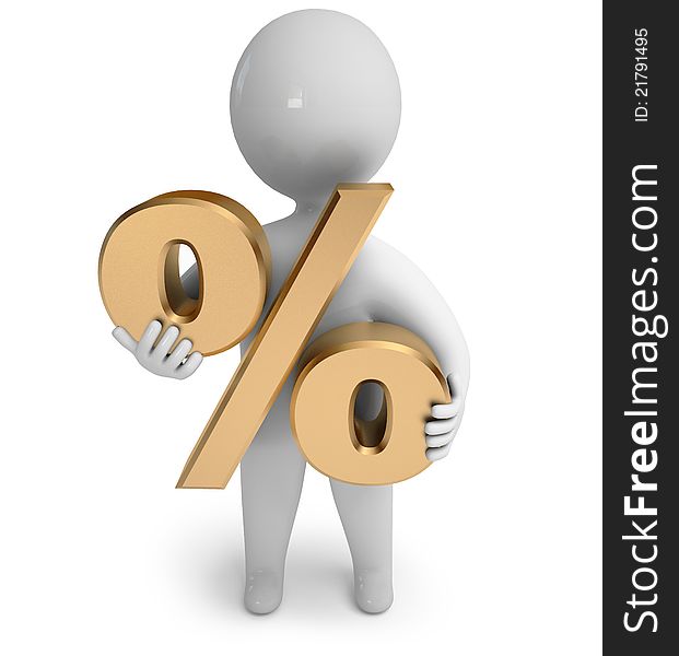 Person is in the hands of a percent sign, on a white background, 3d render