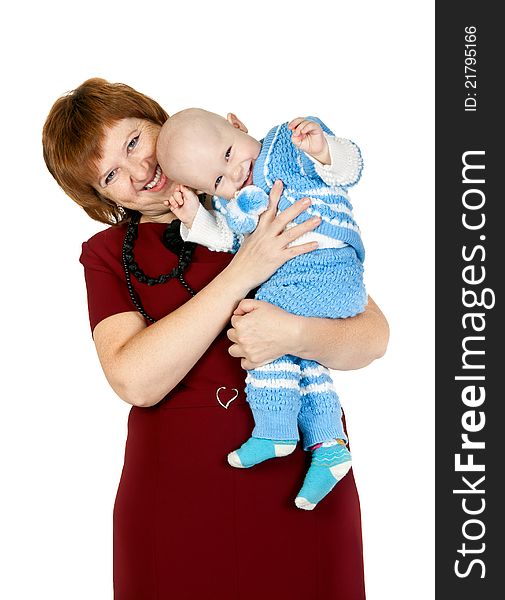 Grandmother with her grandson in the studio isolated on white background