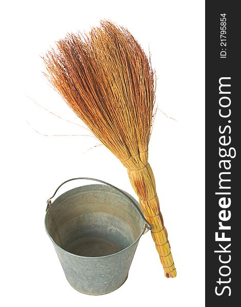 Old antique vintage traditional Soviet a bucket, a broom. House cleaning service. Old antique vintage traditional Soviet a bucket, a broom. House cleaning service.