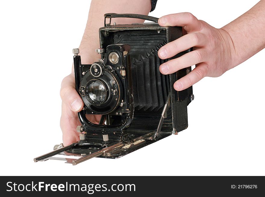 Old vintage photo camera isolated on white. Old vintage photo camera isolated on white