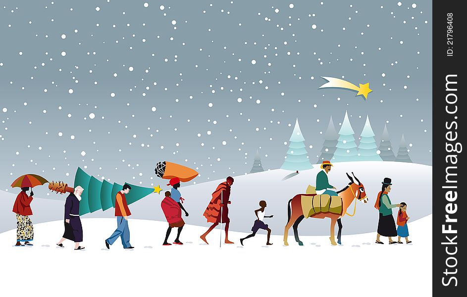 Caravan of people of different races across the snowy mountains carrying a Christmas tree. Caravan of people of different races across the snowy mountains carrying a Christmas tree.