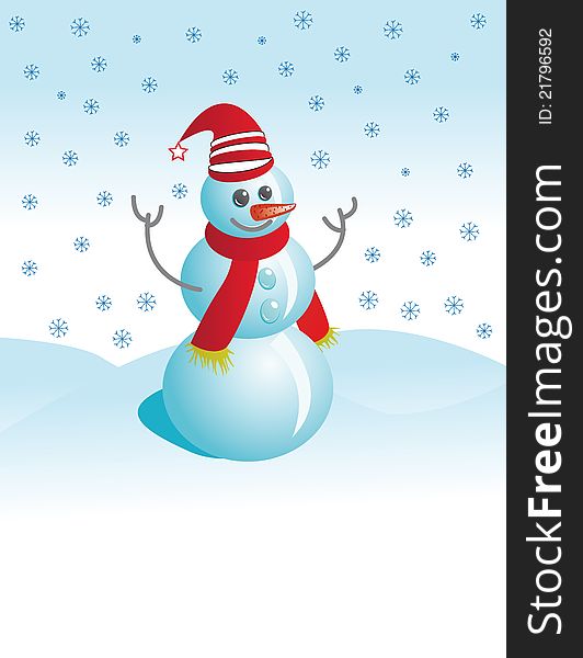 Cheerful snowman against snow