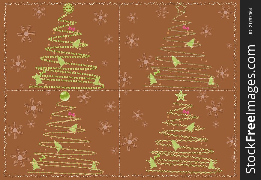 Illustrated card with four stylized christmas trees: a button tree, a pearl tree, a scribbled in chalk tree and a star tree. Illustrated card with four stylized christmas trees: a button tree, a pearl tree, a scribbled in chalk tree and a star tree.