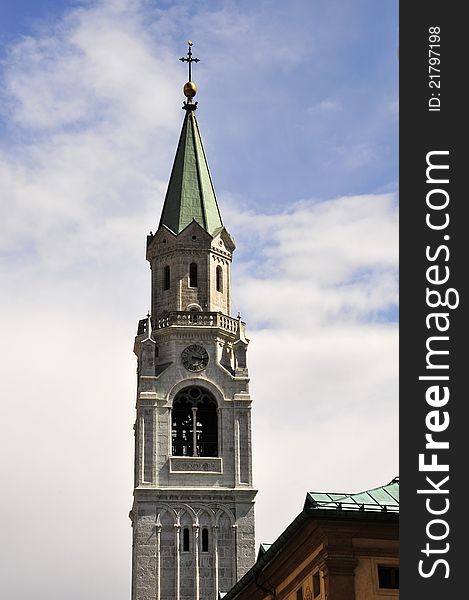 Steeple of Cathedral in Cortina d'Ampezzo, Italy. Steeple of Cathedral in Cortina d'Ampezzo, Italy.