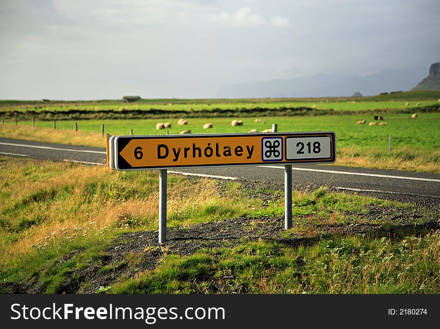 Tourist signpost to Dyrholaey archway Southern Iceland. Tourist signpost to Dyrholaey archway Southern Iceland