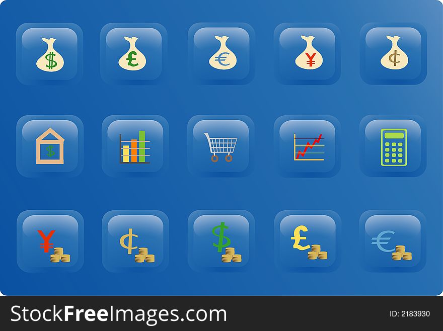 Blue buttons with color finance icons. Blue buttons with color finance icons