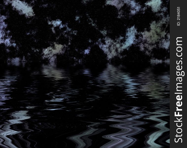 Night sky with clouds and stars reflected over water. Night sky with clouds and stars reflected over water