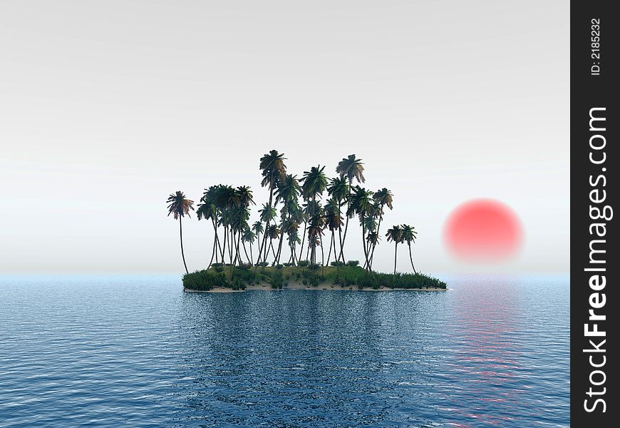 Coconut palms and green island at sunrise - 3D scene. Coconut palms and green island at sunrise - 3D scene.