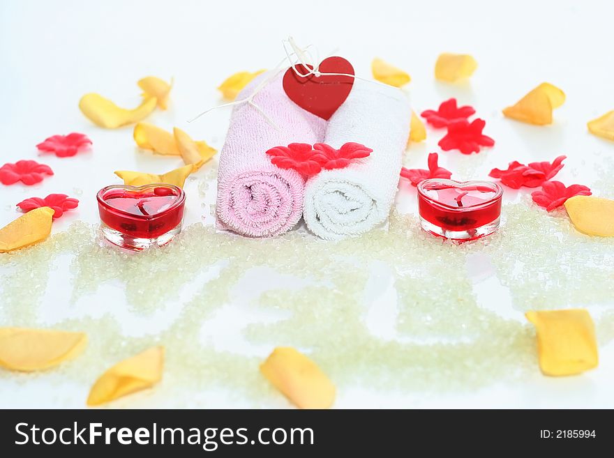 Romantic bath accessories with red heart candle. Romantic bath accessories with red heart candle