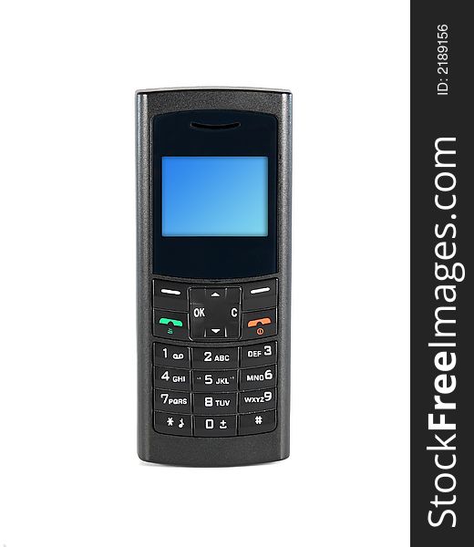 Mobile phone with blue screen on white background