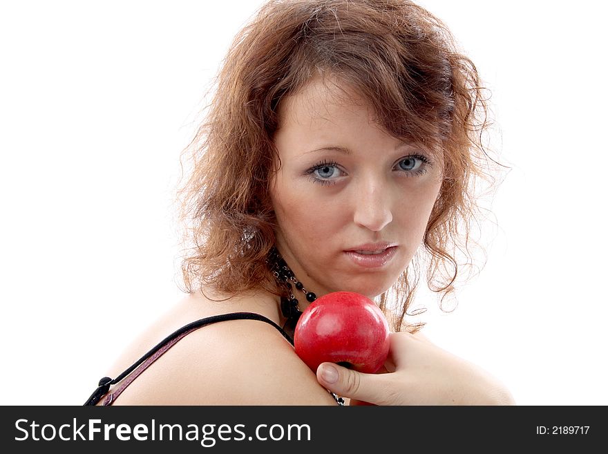 Girl with an apple on a white background