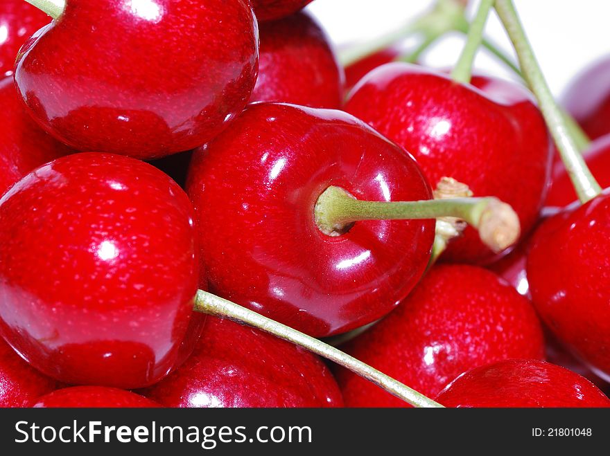 View big red juicy fresh cherries in the summer. View big red juicy fresh cherries in the summer