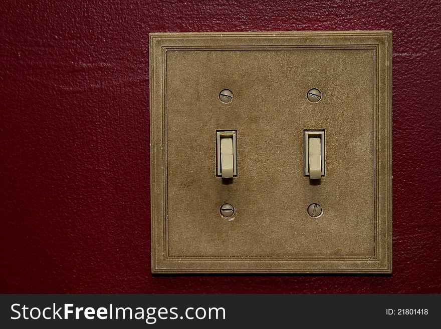 Double switch plate on burgandy wall. Double switch plate on burgandy wall