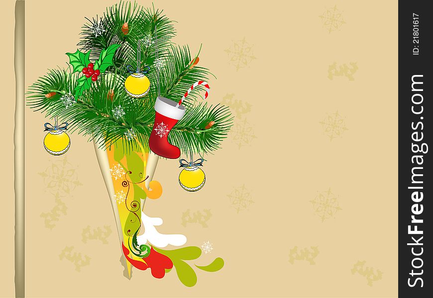Christmas background with green branches of a Christmas tree and balls. Christmas background with green branches of a Christmas tree and balls